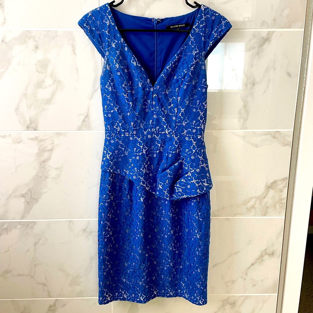 Black Halo Blue Lace Peplum Midi Dress